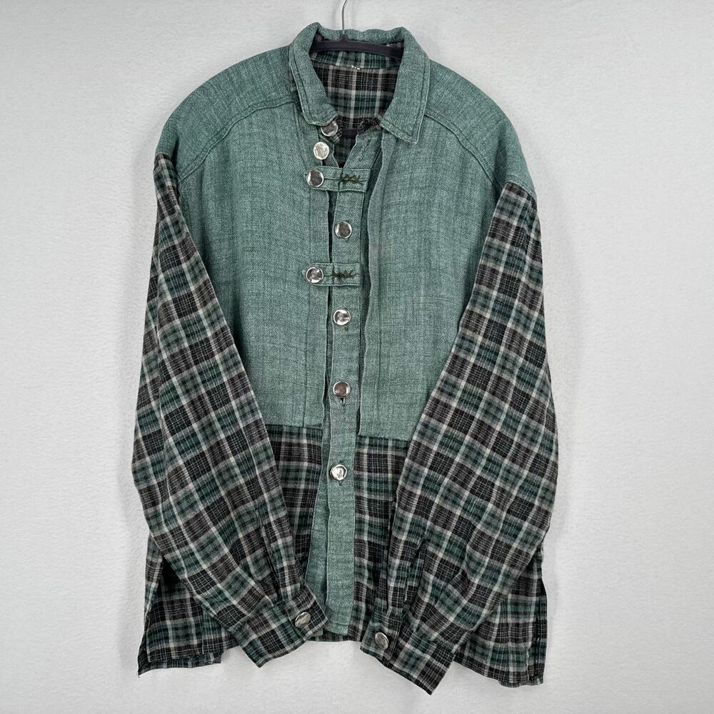 Lagenlook Button Down Shirt Womens 2XL Mens XL Green Unisex Hippie Hobbitcore - Picture 5 of 12